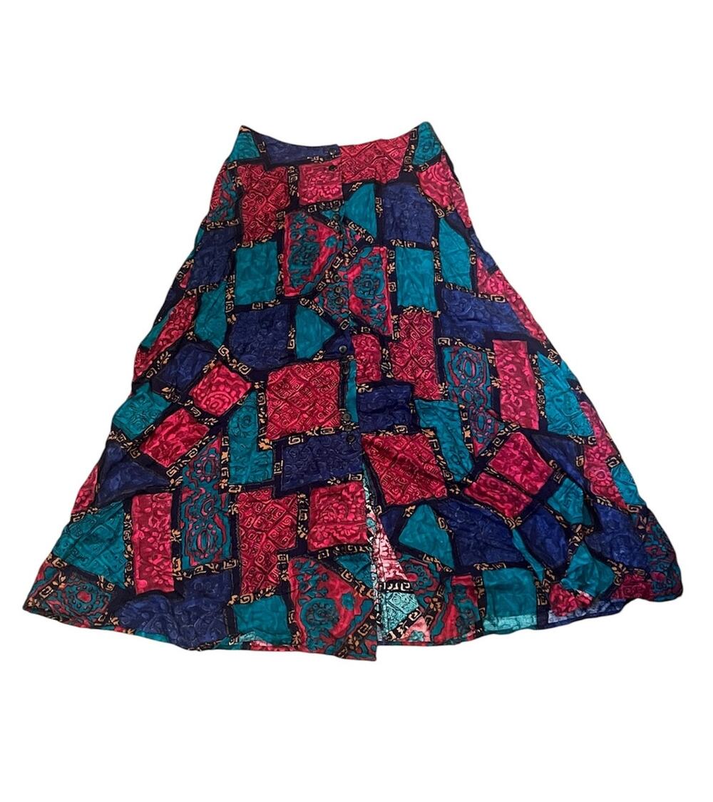 Vintage 90s Color Block Patchwork Geometric A-Line Skirt Retro Women Small